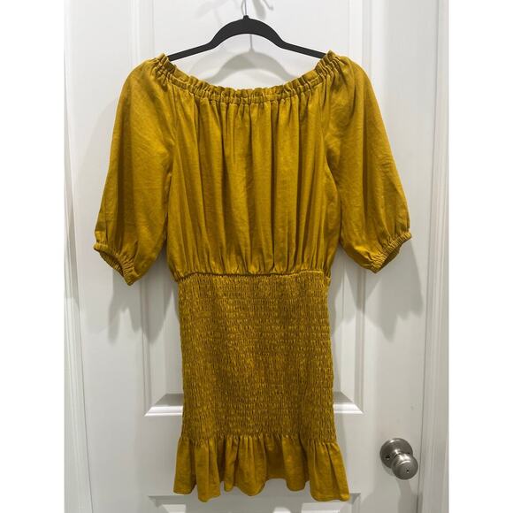 ZARA Rustic Mustard Yellow Smocked Linen Blend Off The Shoulder Mini Dress Sz M - Picture 4 of 5